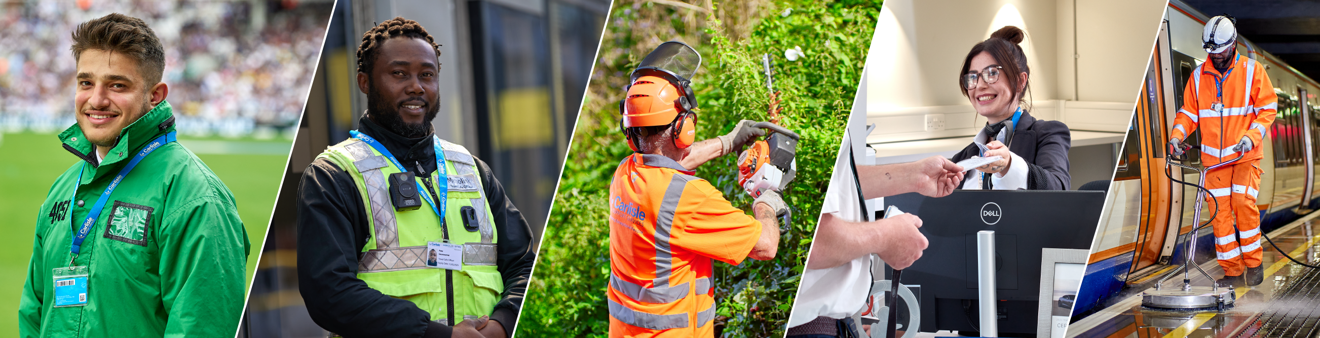 People in various professions, including security, landscaping, and cleaning.
